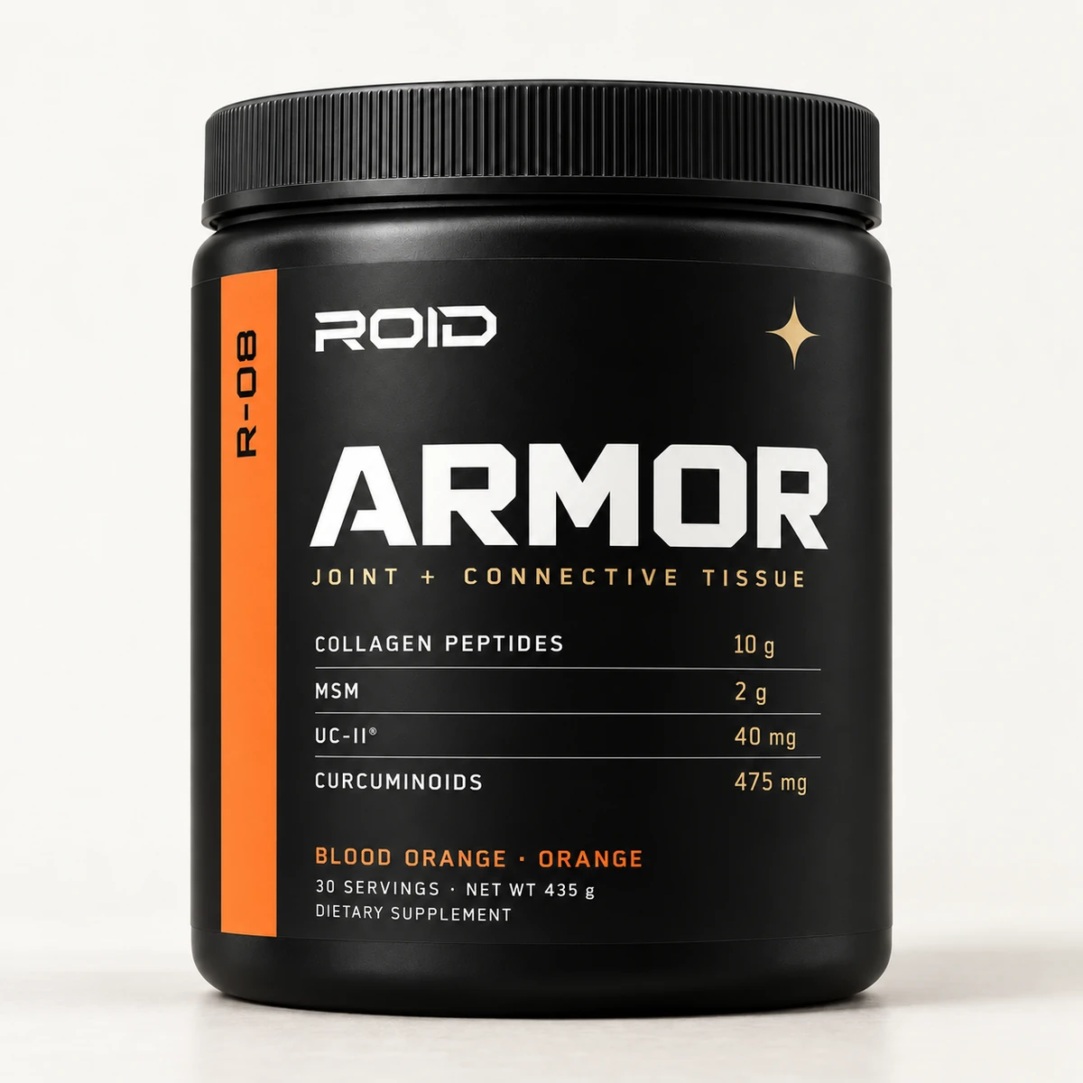 ROID ARMOR Blood Orange supplement with flavor-colored packaging