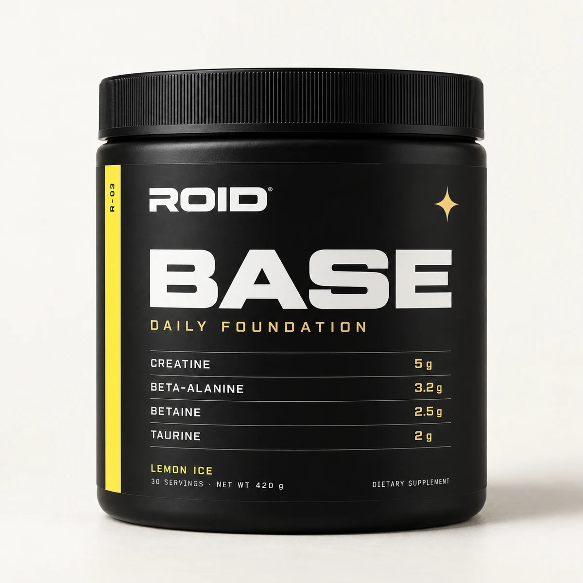 ROID BASE Lemon Ice supplement with flavor-colored packaging
