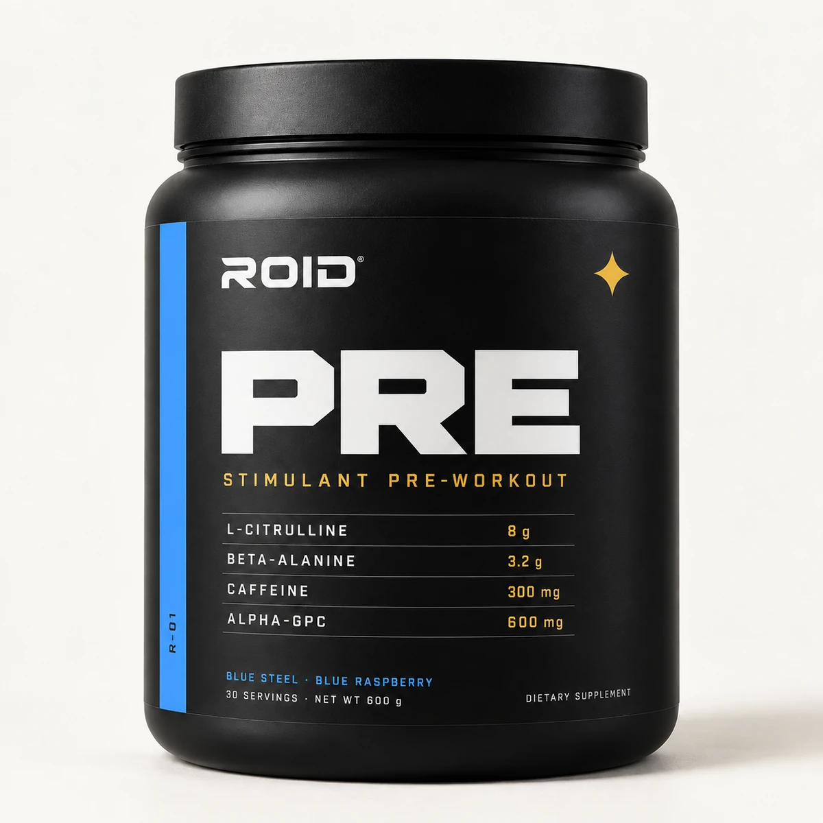 ROID PRE Blue Steel supplement with flavor-colored packaging