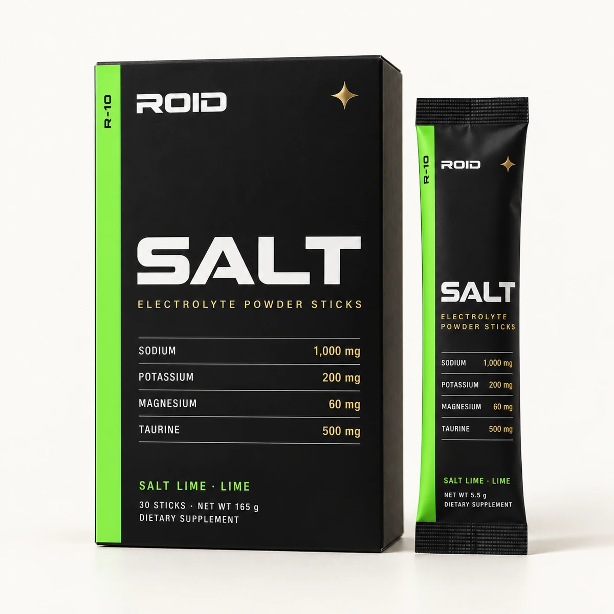 ROID SALT Salt Lime supplement with flavor-colored packaging