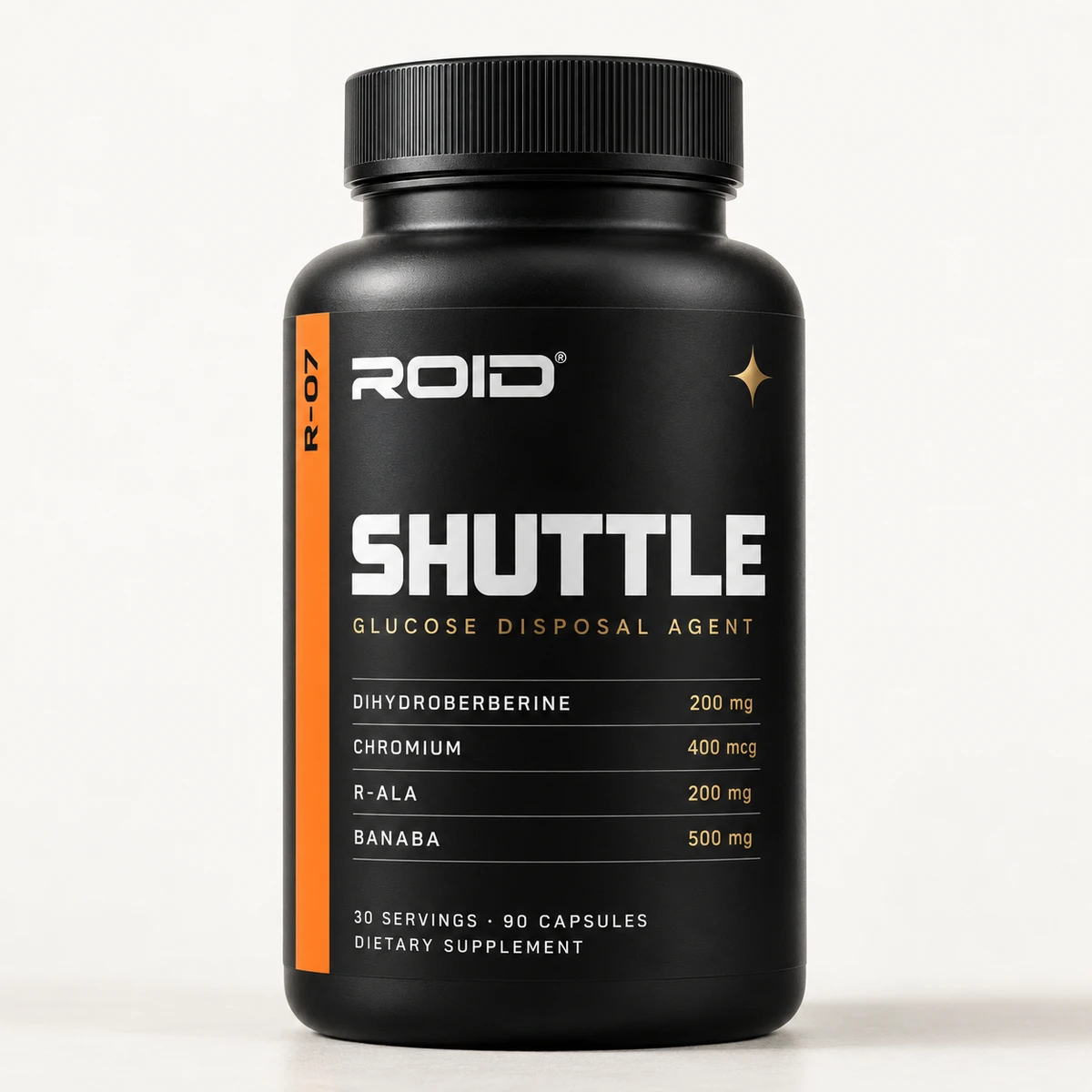 ROID SHUTTLE glucose disposal agent bottle in matte black packaging